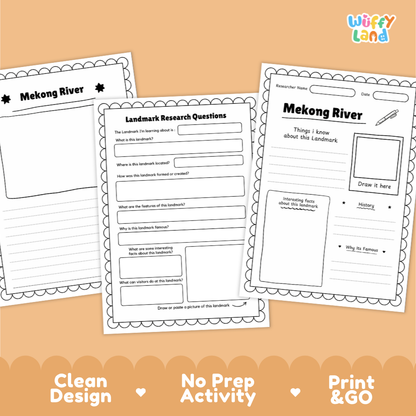 Three printable educational activity sheets for learning about Mekong River landmarks, displayed on a peach background with promotional text at the bottom. The sheets include writing prompts, a map drawing area, and a landscape sketch box.