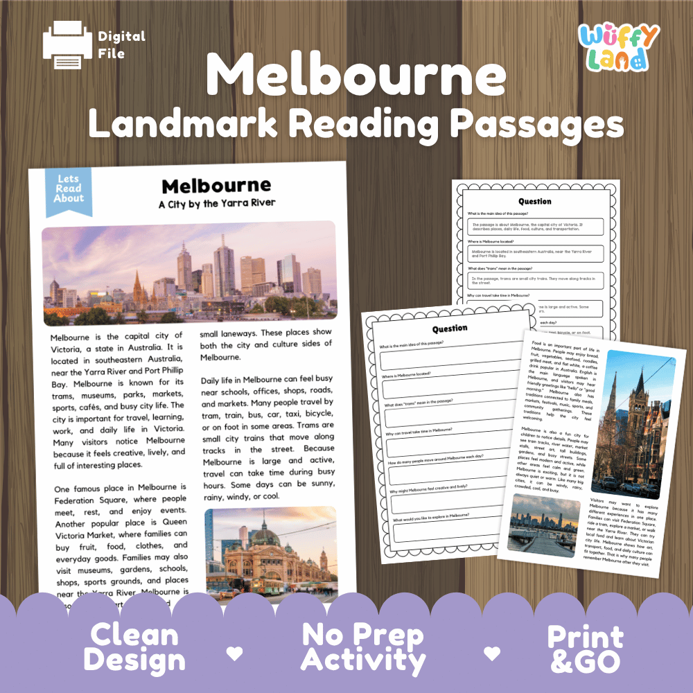 Melbourne landmark reading passage and comprehension worksheet educational unit featuring nonfiction text and authentic Melbourne skyline Yarra River photography