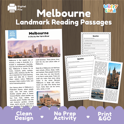 Melbourne landmark reading passage and comprehension worksheet educational unit featuring nonfiction text and authentic Melbourne skyline Yarra River photography