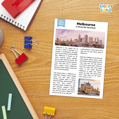 Lined reading comprehension question worksheet covering main ideas vocabulary terms and landmark facts about Melbourne Victoria Australia