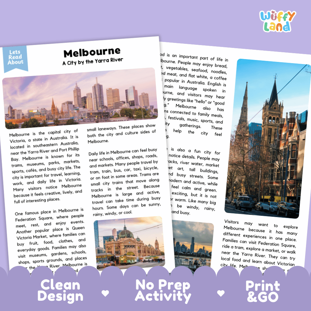 Reference sheet and answer key for Melbourne landmark reading passage displaying completed comprehension answers and Australian geography facts