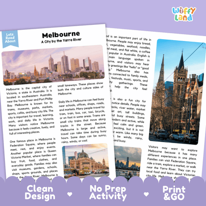 Reference sheet and answer key for Melbourne landmark reading passage displaying completed comprehension answers and Australian geography facts