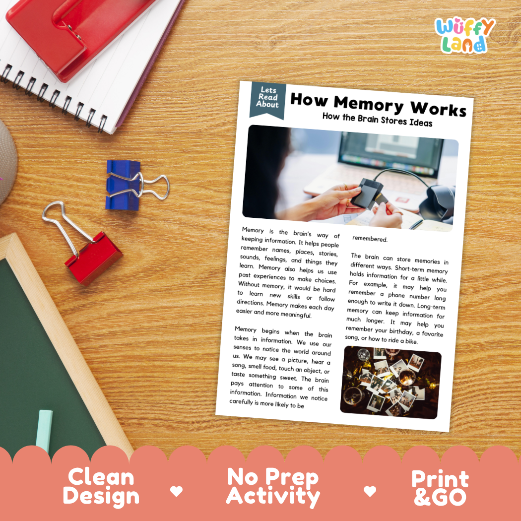 Printable student worksheet with short-answer reading comprehension questions covering memory and brain science