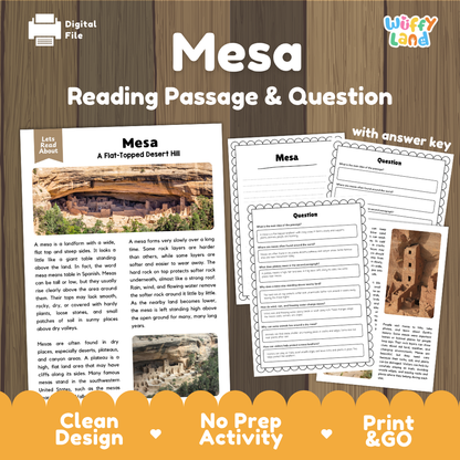 Mesa Reading Passage and Comprehension Questions Worksheets with Answer Key