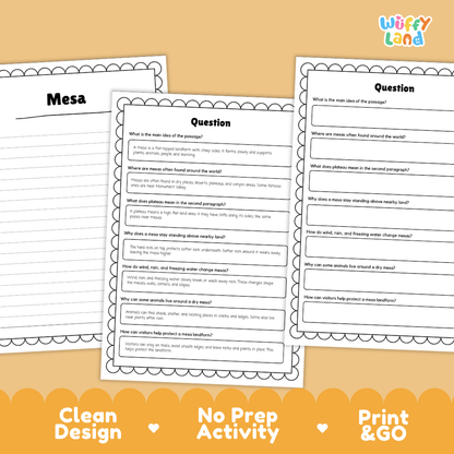 Mesa Reading Passage and Comprehension Questions Worksheets with Answer Key