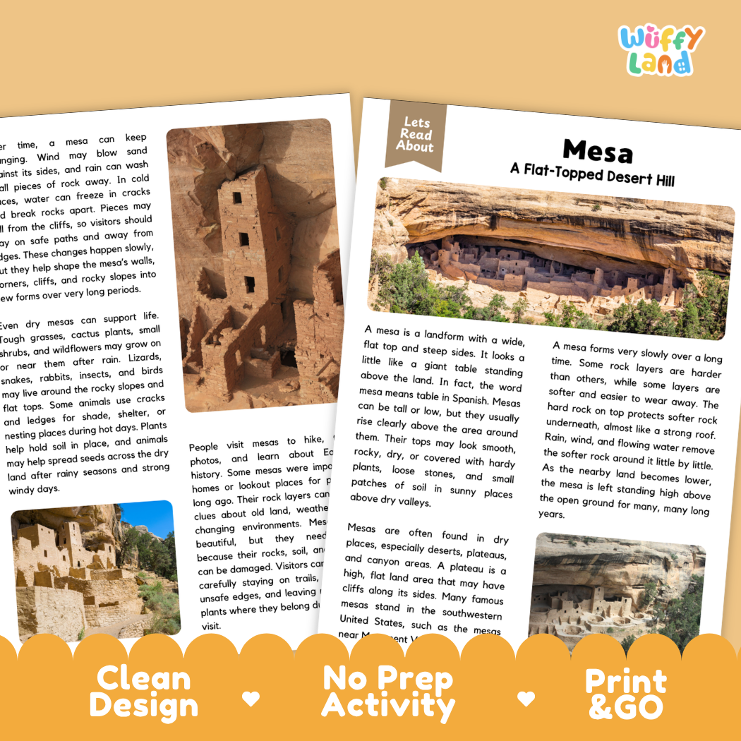 Mesa Reading Passage and Comprehension Questions Worksheets with Answer Key