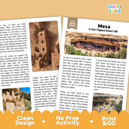 Mesa Reading Passage and Comprehension Questions Worksheets with Answer Key