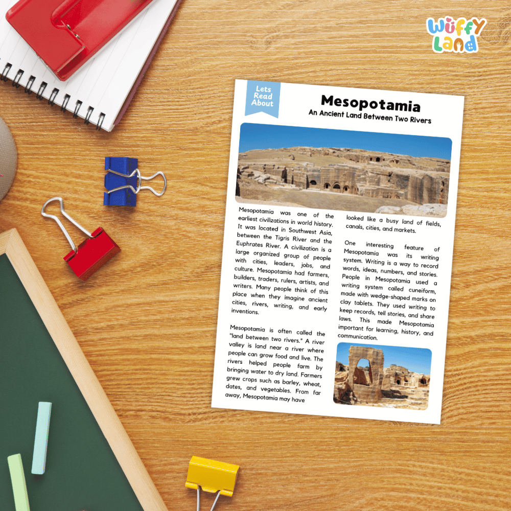 Lined reading comprehension question worksheet covering main ideas vocabulary terms and landmark facts about ancient Mesopotamia
