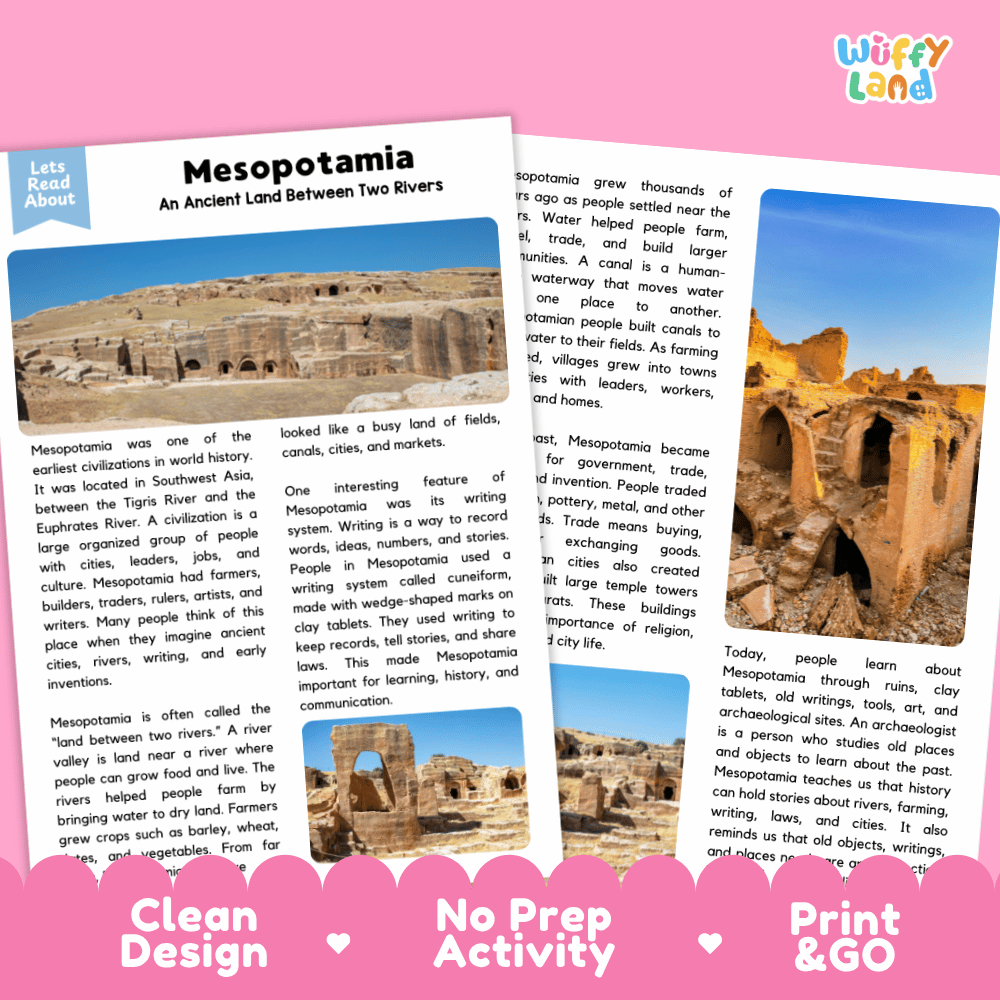 Reference sheet and answer key for Mesopotamia landmark reading passage displaying completed comprehension answers and ancient civilization history facts