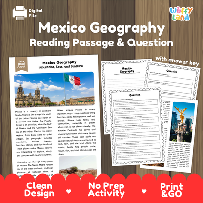 Mexico Geography reading comprehension passage and questions printable activity pack with answer key for elementary students