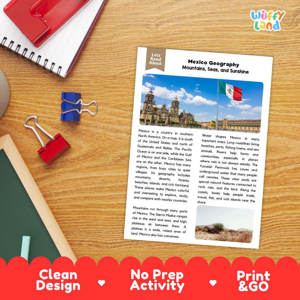 Student reading comprehension worksheet with short-answer questions and lined sections about Mexico geography