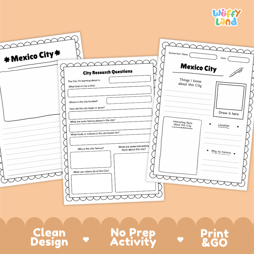Three printable worksheet pages for Mexico City displayed on a peach background with decorative scalloped borders and the text 'Clean Design', 'No Prep Activity', and 'Print & GO'. The top-right corner shows the brand name 'Wiffly Land'.