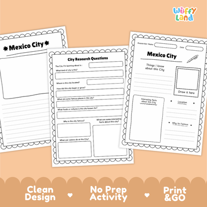 Three printable worksheet pages for Mexico City displayed on a peach background with decorative scalloped borders and the text 'Clean Design', 'No Prep Activity', and 'Print & GO'. The top-right corner shows the brand name 'Wiffly Land'.