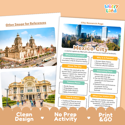 A product listing graphic for a 'City Research Page' activity sheet by 'wiffy land'. The image shows two printed pages side-by-side: the left page has a placeholder image labeled 'Other Image for References', and the right page is the actual product, featuring a colorful 'Mexico City' city research layout with text boxes and icons.