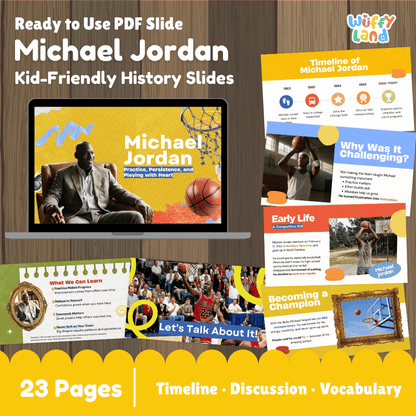 Promotional graphic for a kid-friendly history PDF slide set about Michael Jordan, showing multiple colorful slide previews arranged on a wood background with a laptop mockup and a yellow banner reading '23 Pages | Timeline | Discussion | Vocabulary'.