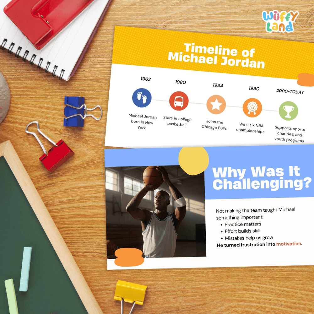 A printed educational poster titled 'Timeline of Michael Jordan' and 'Why Was It Challenging?' styled on a wooden desk with binder clips, notebooks, chalk, and other school supplies. The poster features a yellow, white, and blue design with a photo of Michael Jordan playing basketball.