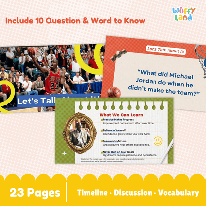 Promotional graphic for an educational basketball-themed workbook set by Wuffy Land, showing sample pages with text about Michael Jordan, a team photo collage, and a green notebook-style page listing learning goals. Large text at top says 'Include 10 Question & Word to Know' and the bottom banner says '23 Pages | Timeline · Discussion · Vocabulary'.