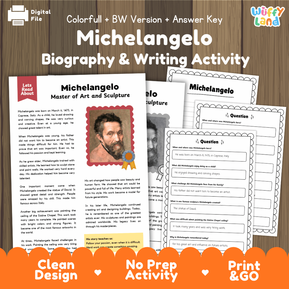 Michelangelo Biography Reading Passage and Writing Activity Worksheets