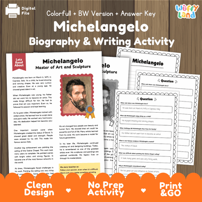 Michelangelo Biography Reading Passage and Writing Activity Worksheets