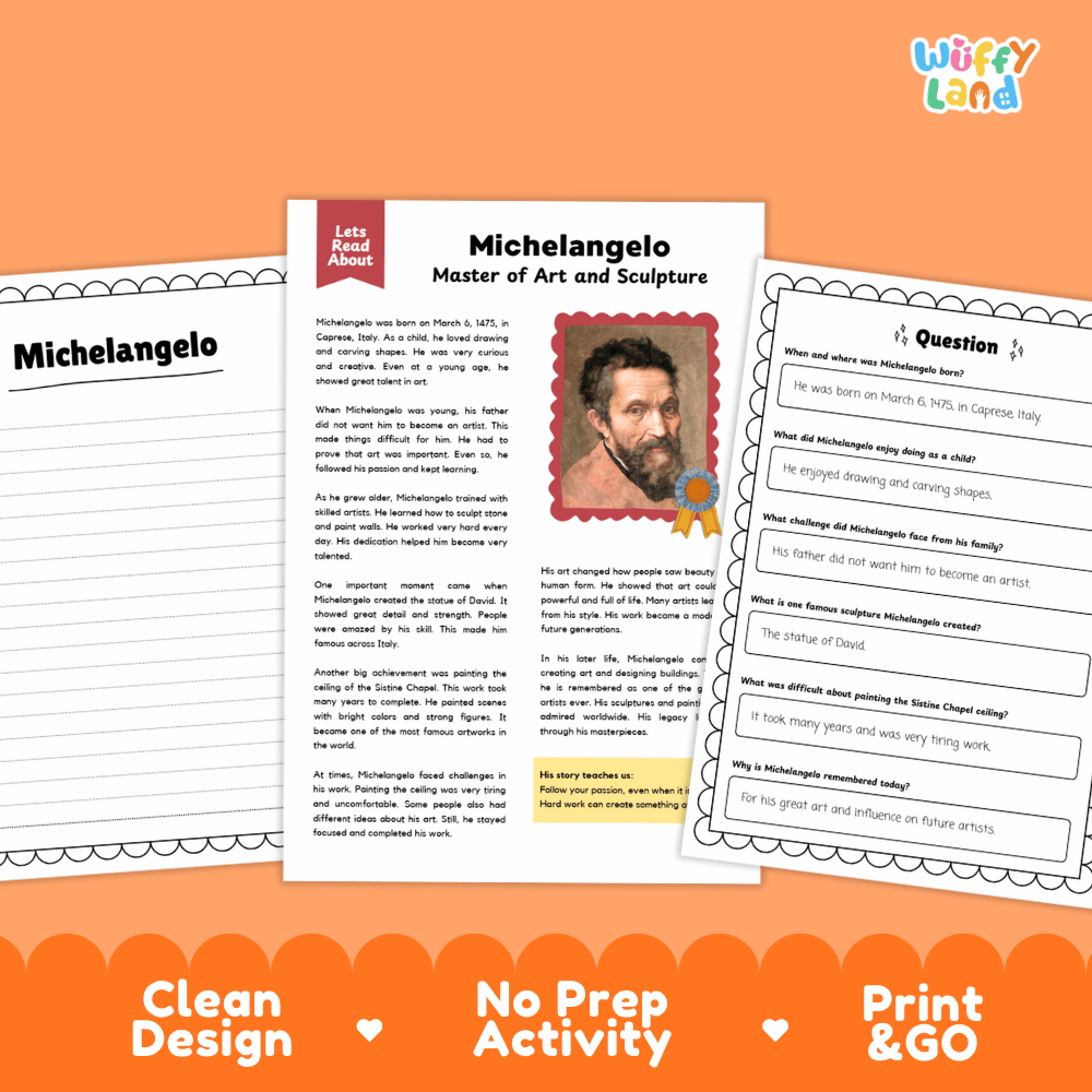 Michelangelo Biography Reading Passage and Writing Activity Worksheets