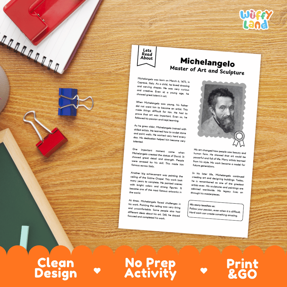 Michelangelo Biography Reading Passage and Writing Activity Worksheets