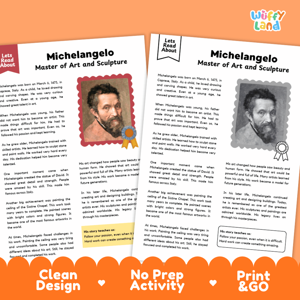 Michelangelo Biography Reading Passage and Writing Activity Worksheets