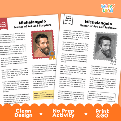 Michelangelo Biography Reading Passage and Writing Activity Worksheets