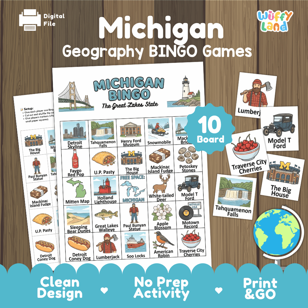 Michigan Geography BINGO Game Great Lakes State Activity Printable Boards