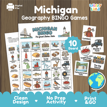 Michigan Geography BINGO Game Great Lakes State Activity Printable Boards