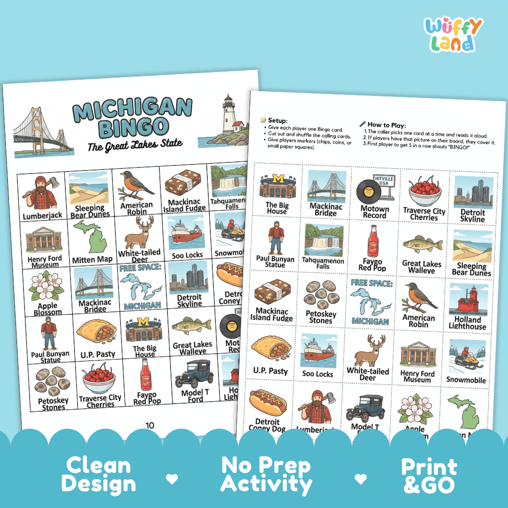 Michigan Geography BINGO Game Great Lakes State Activity Printable Boards