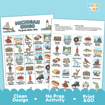 Michigan Geography BINGO Game Great Lakes State Activity Printable Boards