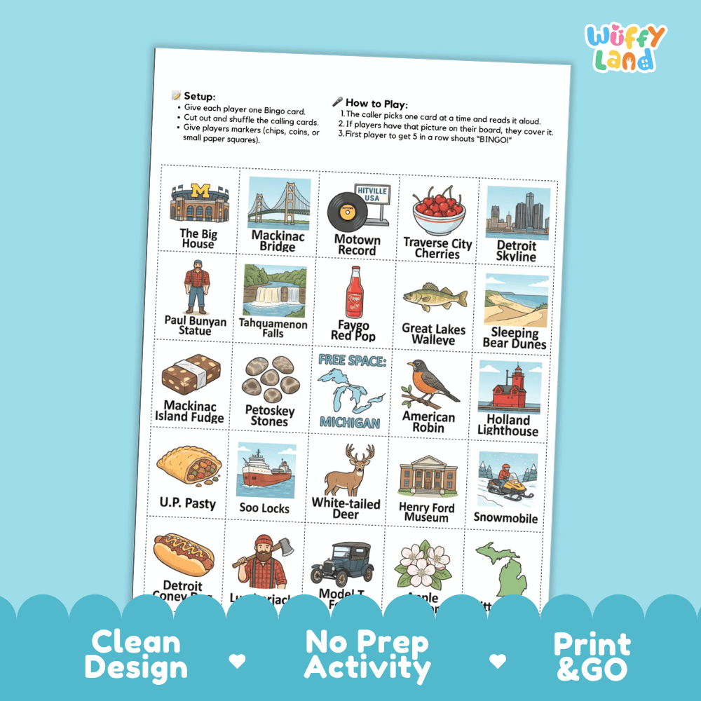 Michigan Geography BINGO Game Great Lakes State Activity Printable Boards