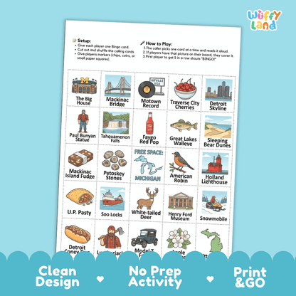 Michigan Geography BINGO Game Great Lakes State Activity Printable Boards