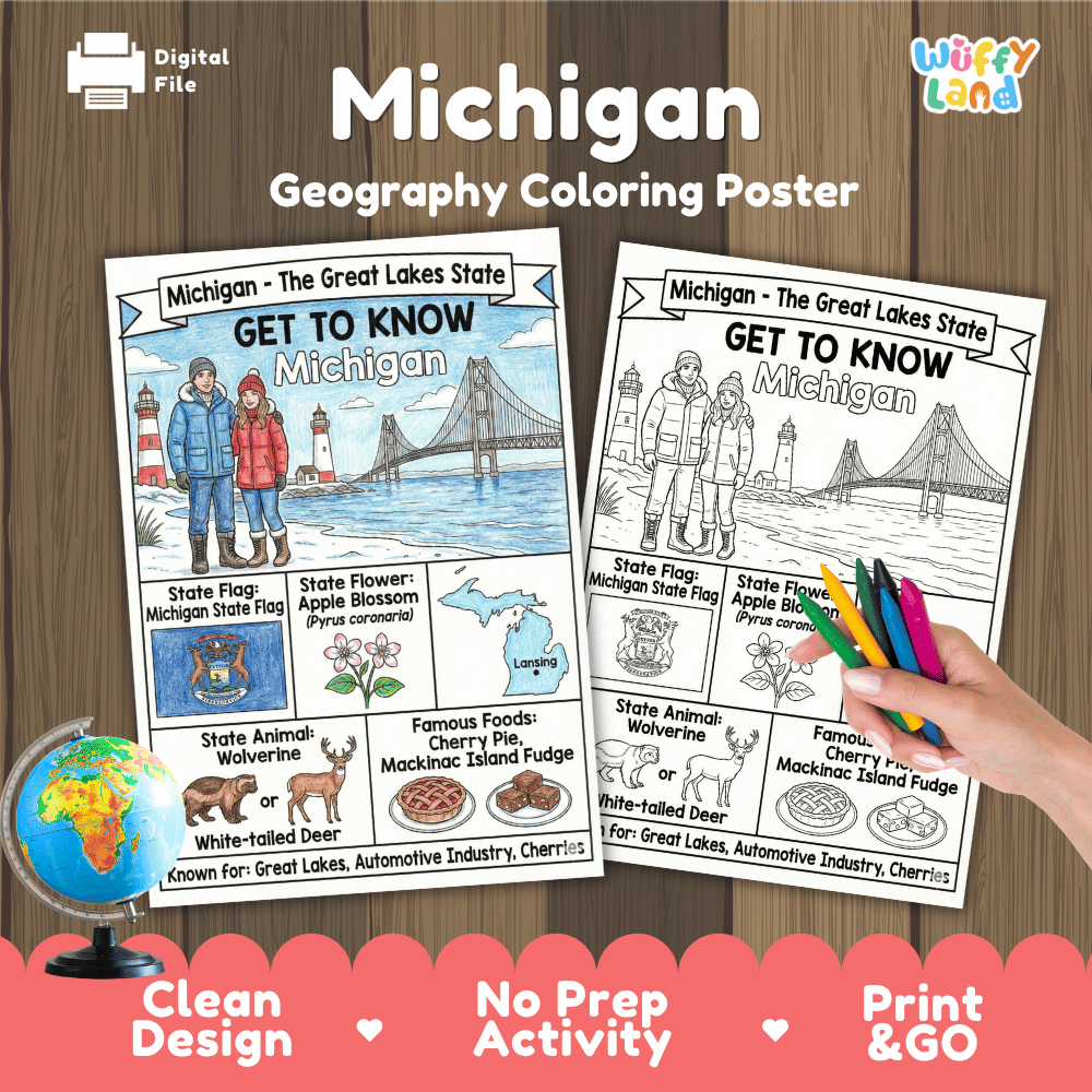 Michigan Geography Coloring Poster Worksheets