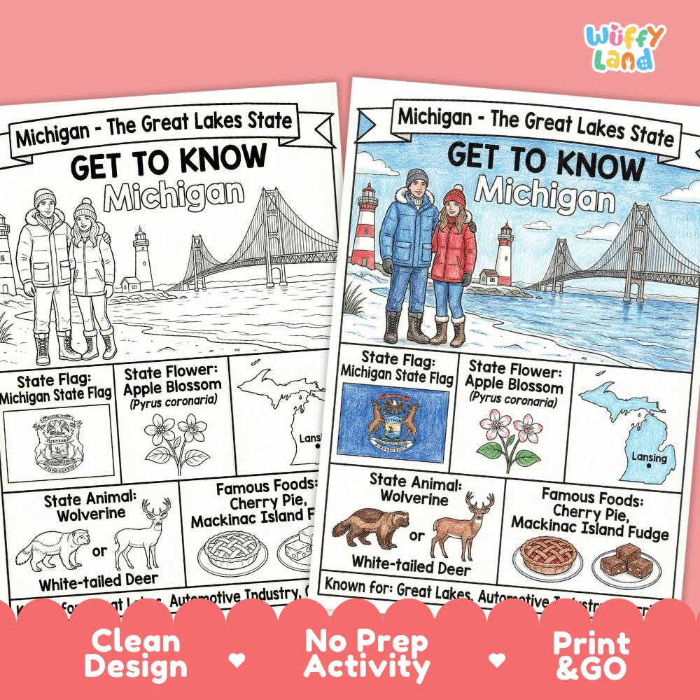 Michigan Geography Coloring Poster Worksheets