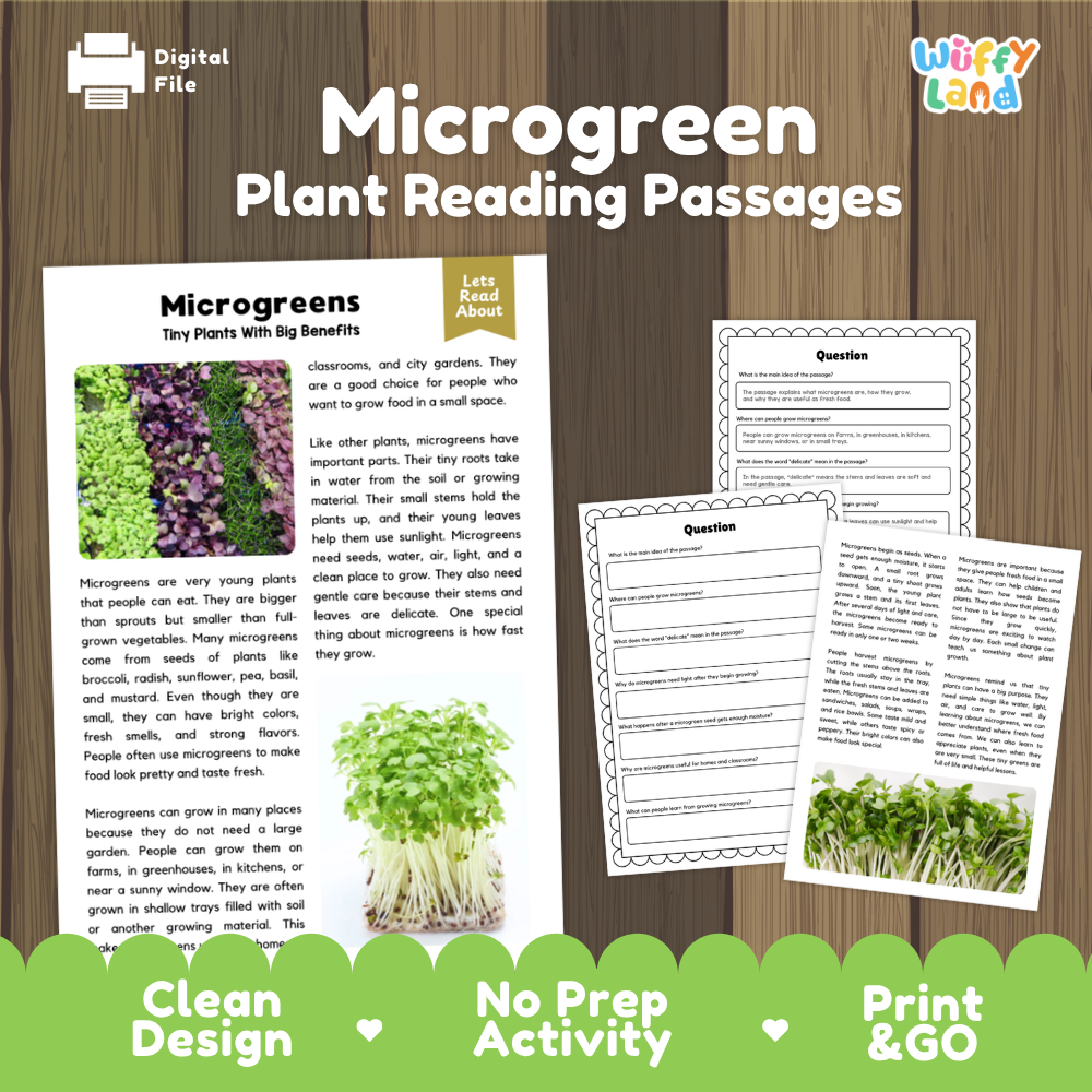 Microgreen Plant Reading Passages Worksheets and Comprehension Activity