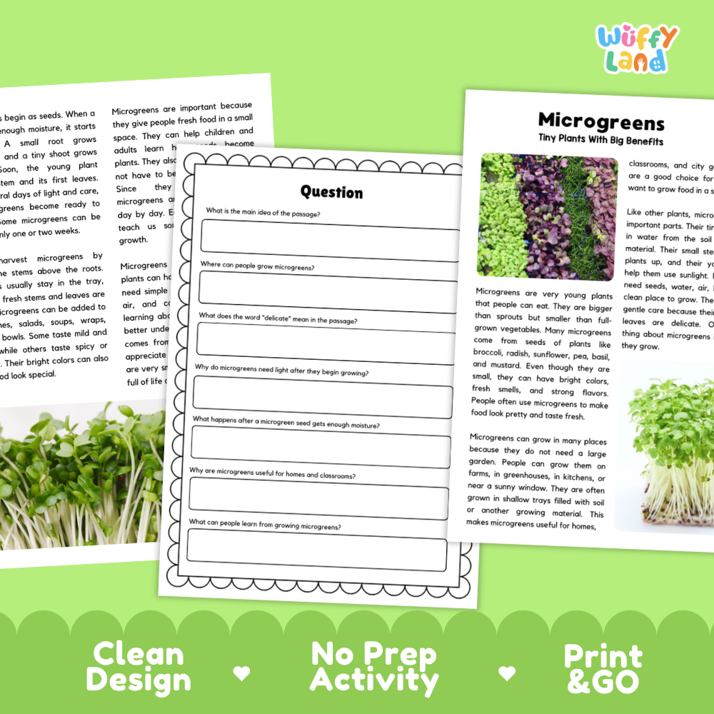 Microgreen Plant Reading Passages Worksheets and Comprehension Activity