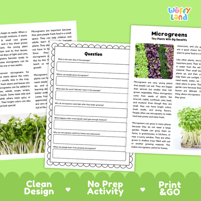 Microgreen Plant Reading Passages Worksheets and Comprehension Activity