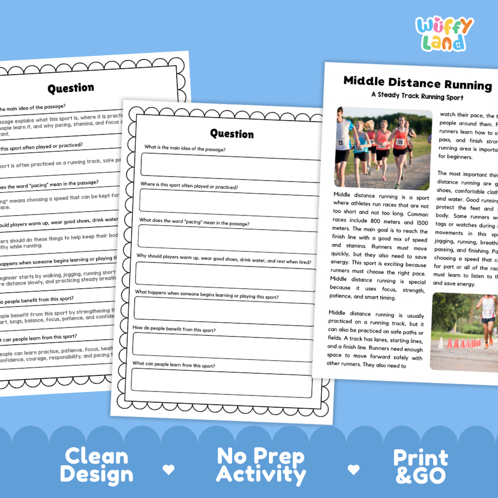Middle Distance Running Sports Reading Passages and Comprehension Questions Worksheets