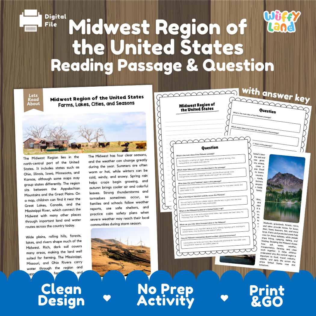Midwest Region of the United States reading comprehension passage and questions printable activity pack with answer key for elementary students