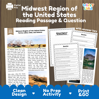 Midwest Region of the United States reading comprehension passage and questions printable activity pack with answer key for elementary students