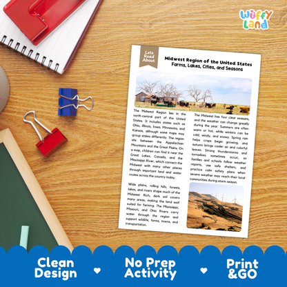 Student reading comprehension worksheet with short-answer questions and lined sections about the Midwest region of the United States