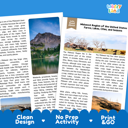 Teacher answer key page showing complete question solutions for Midwest region U.S. geography reading comprehension practice