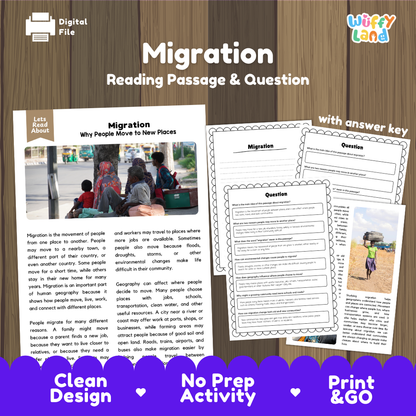 Migration reading comprehension passage and questions printable activity pack with answer key for elementary students