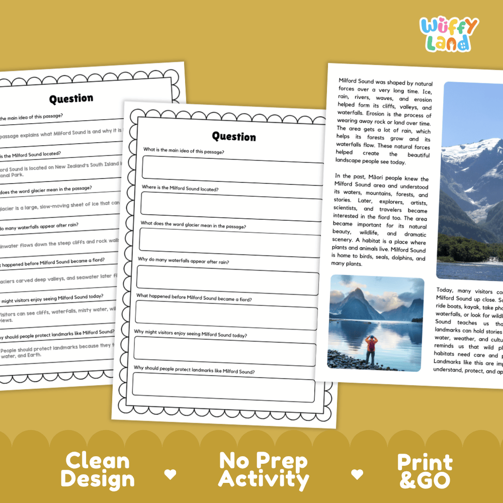 Student reading passage titled A Beautiful Fiord in New Zealand detailing Milford Sound glaciers waterfalls and Fiordland National Park photography