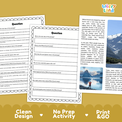 Student reading passage titled A Beautiful Fiord in New Zealand detailing Milford Sound glaciers waterfalls and Fiordland National Park photography