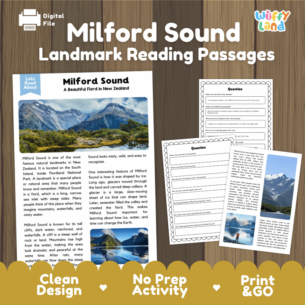 Milford Sound landmark reading passages educational study unit featuring nonfiction reading worksheets and authentic New Zealand fiord mountain photography