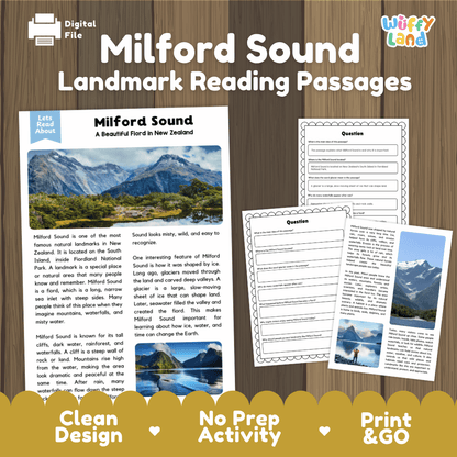 Milford Sound landmark reading passages educational study unit featuring nonfiction reading worksheets and authentic New Zealand fiord mountain photography