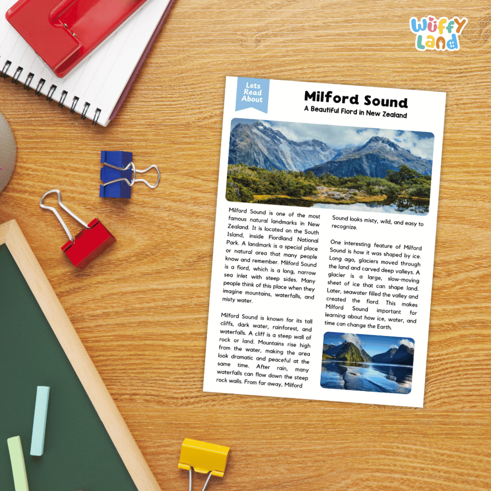 Lined reading comprehension question worksheet covering main ideas vocabulary terms and landmark facts about Milford Sound