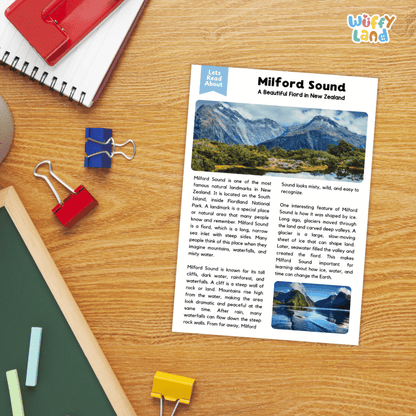 Lined reading comprehension question worksheet covering main ideas vocabulary terms and landmark facts about Milford Sound